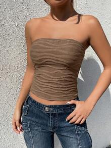 SHEIN EZwear 女士休闲纯色纹理巧克力棕色抹胸上衣，夏季 - 巧克力棕 - 查看 3