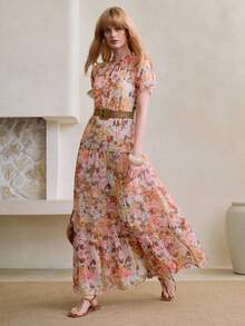 Arave 优雅印花雪纺荷叶边下摆女式连衣裙 - 粉色 - 查看 2