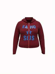 INAWLY Plus Size Women Striped Letter Print Zip-Up Casual Versatile Daily Wear Long Sleeve Sweatshirt - Red - View 7