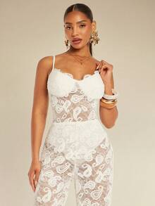 Silquee Bộ áo liền quần nữ màu trơn phối ren, chất liệu xuyên thấu. - trắng - Xem 5