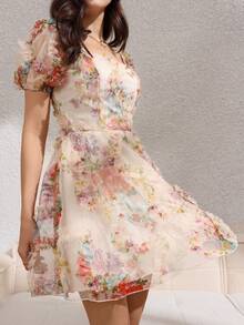 Rafferiza 女士夏季法式优雅浪漫半透明网纱荷叶边印花方领花瓣袖收腰短款休闲度假连衣裙 - 彩色 - 查看 3