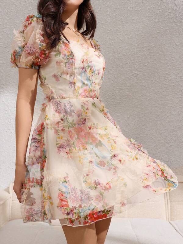 Rafferiza Women's Summer French Elegant Romantic Semi-Sheer Mesh Ruffle Trim Floral Print Square Neck Petal Sleeve Cinched Waist Short Casual Vacation Dress