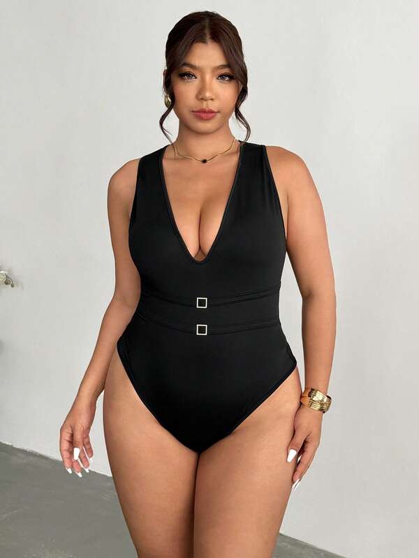 Firerie Elegant Sexy Party Club Biker Chic Black Bodysuit, Halter Deep V Hollow Metal Buckle Skinny Bodysuit, Black, Spring/Summer, Music Festival Holiday Beach Outfits For Women, Airport Outfit, Vacation Outfits