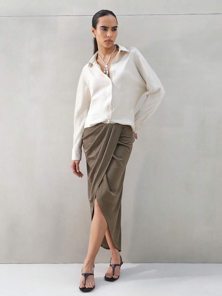 KSTM Elegant Draped Wrap Midi Skirt With Side Slit Detail For Women Office Casual Wear Fall Winter