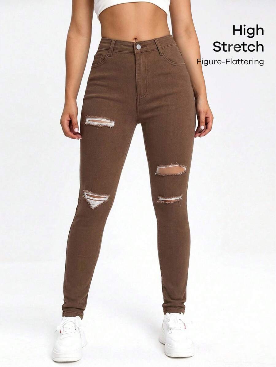 Rivivi Black Slant Pocket Ripped Skinny Jeans - Coffee Brown - View 1