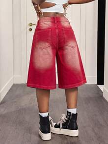 Slaydiva Women's Casual Washed Wide Leg Denim Shorts - Red - View 2