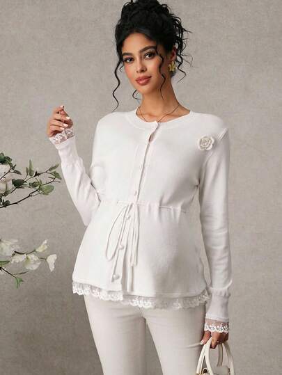 Momance Cárdigan de maternidad, estilo ajustado con decoración floral, encaje en el cuello y los puños, cinturón en la cintura, diseño de botón con forma de corazón, casual y elegante para uso diario y citas, chaqueta de maternidad de manga larga