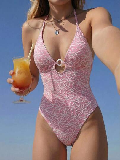 Swim Mod 26SS 碎花V领连体泳衣，可爱粉色，适合海滩和度假，春夏款