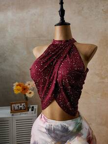 Femesol Women's Shiny Pleated Cropped Halter Neck Tank Top - Burgundy - View 3