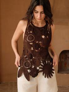 Anewsta 女士纯色圆领镂空休闲百搭日常上衣 - 棕色 - 查看 5