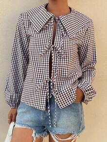 DAZY Women's Plaid Print Twist Front Casual Long Sleeve Shirt Summer - Brown - View 6