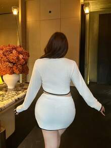 Vibekara Bộ đồ hai mảnh kiểu Pháp cỡ lớn, tay dài, chất liệu jacquard phối màu, thắt nơ, dành cho nữ, trang phục thời trang cho mùa thu/đông. - trắng - Xem 5