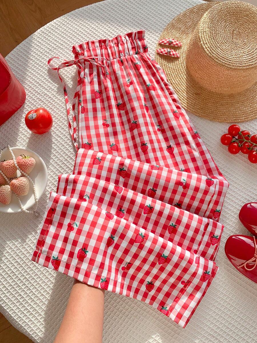 SHEIN EZwear 女士红色格子梭织阔腿裤 - 紅色 - 查看 1