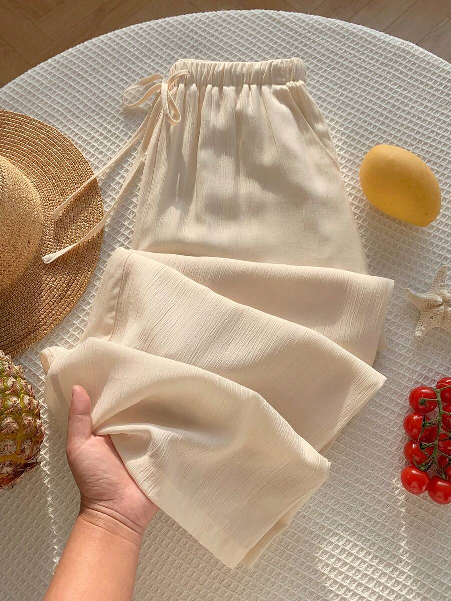 SHEIN EZwear 杏色梭织女式休闲裤，带腰带和口袋 - 杏色 - 查看 1