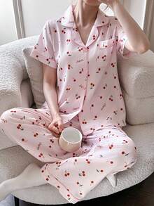 SHEIN Napfluff Conjunto de pijama de manga corta con cuello de solapa con estampado de cerezas - Rosa - Ver 2