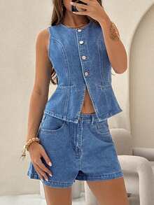 TRNVIE Women's Casual Sleeveless Single-Breasted Jacket, Suitable For Daily Commute And Vacation, Summer - Medium Wash - View 4