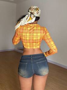 StreetHx 女士黄色格子长袖露脐系带性感朋克街头风衬衫，适合海滩度假和音乐节穿着 - 黃色 - 查看 5