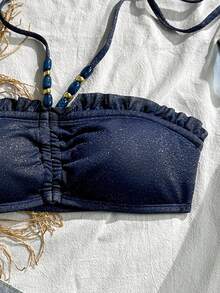 Swim Vcay Bestselling Beach Vacation Casual Top, Made Of Special Fabric With Front & Back Drawstring, Wrinkled, Strapless, Beaded, Backstrap, Non-Slip Neckline - Multicolor - View 3