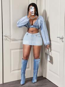 BamGleam Casual Cropped Women's Denim Jacket - Blue - View 6