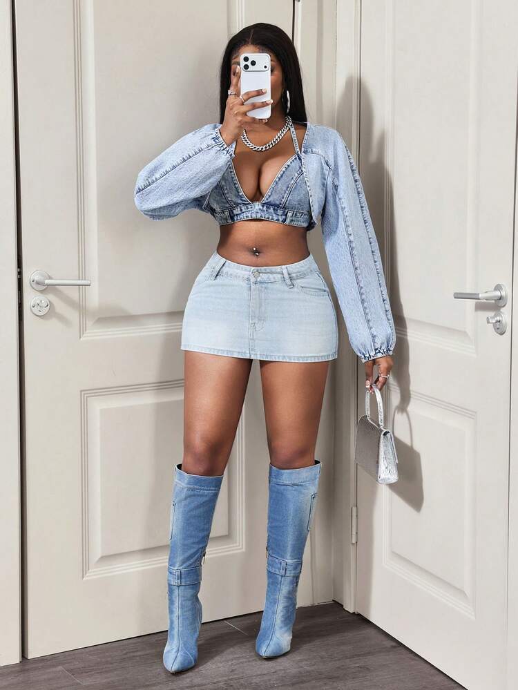 BamGleam Casual Cropped Women's Denim Jacket - Blue - View 6