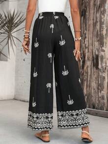 EMERY ROSE Women's Vacation Palm Tree Pattern Pocket Wide Leg Pants - Black - View 2