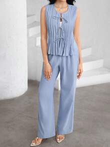 Mulvari 2pcs Set Light Blue Summer Casual Loungewear: Tie Collar Striped Sleeveless Shirt And Elastic Waist Straight Leg Pants Terno Outfit For Women Coords - Blue - View 8