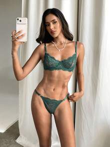 Aloruh 2 件女士蕾丝性感内衣套装（包括钢圈文胸和丁字裤） - 軍綠色 - 查看 8