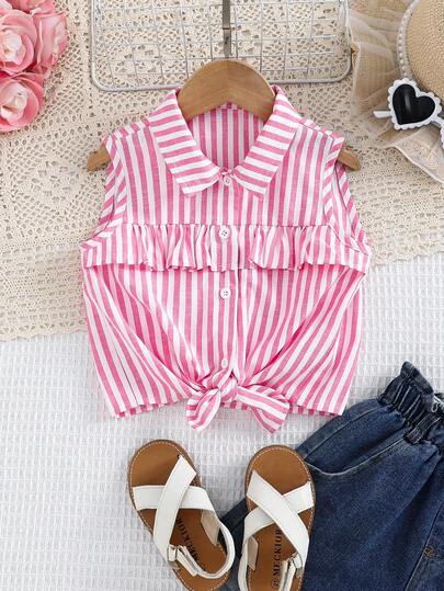 Emery Rose Kids Young Girl Woven Striped Ruffle Hem Sleeveless Casual Blouse