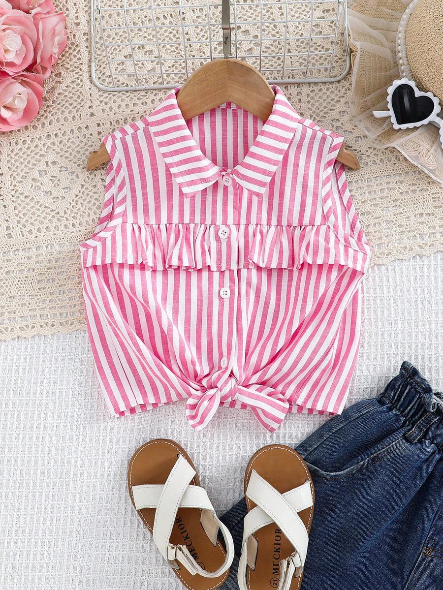 Emery Rose Kids Áo kiểu không tay bèo nhún viền gấu, chất liệu dệt sọc, dành cho bé gái, phong cách thường ngày. - Hồng - Xem 1