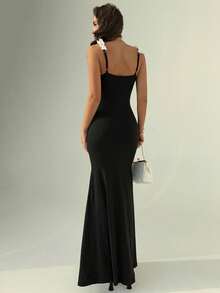 Franclia 优雅长裙，黑色蕾丝边连衣裙，黑白拼接连衣裙，吊带连衣裙 - 黑色 - 查看 2