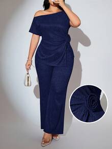 Modelyn Plus Size Elegant Commuter Solid Color Asymmetric Collar Split Top And Pants Two Pieces Set - Navy Blue - View 3