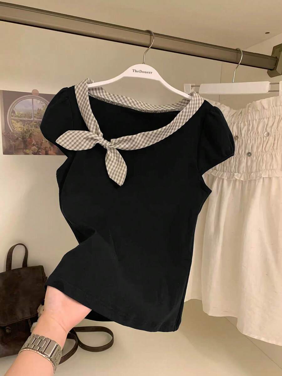 Franclia Women's Elegant French Black & White Plaid Bow Shoulder Short Sleeve T-Shirt, New Summer Design Fitted Top - Black - View 1