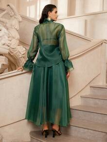 VOLUPTÉ CURVE 大码春夏套装，优雅复古法式风薄纱连衣裙，绿色蝴蝶结领，灯笼袖，高腰拼接喇叭袖层叠中长连衣裙，适合工作、派对、约会等场合。 - 墨綠色 - 查看 3