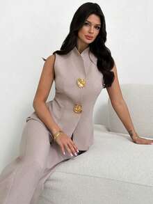 Firerie 女士春夏新款优雅亚麻竹编打结圆领收腰纽扣衬衫搭配高腰直筒阔腿裤套装，亚麻日常通勤度假装，通勤、优雅、休闲、工作服 - 杏色 - 查看 1