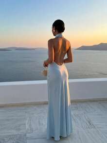 Firerie Đầm maxi đuôi cá cổ cao hở lưng màu xanh nhạt xếp nếp dành cho nữ - Màu xanh nhạt - Xem 3