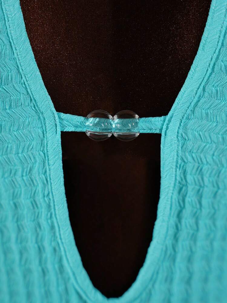 SaltGleam SaltGleam 女士深V领露背系带性感紧身纹理面料连体裤，春夏款 - 薄荷綠 - 查看 5