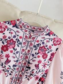 SHEIN CURVE+ Curve 尺码 US22 音乐节、海滨度假、波西米亚风女士花卉印花灯笼袖纽扣设计优雅连衣裙 - 粉色 - 查看 5