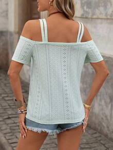 Brillora Women's Casual Boho Solid Color Knit T-Shirt Vacation Mint Green Summer - Green - View 2