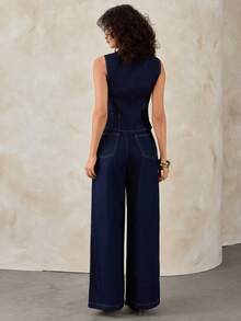 SHEIN Dark Washed Denim Fitted Vest And Wide Leg A Line Jean Set 2 Pieces Denim Sets Woman Suit Denim Outfit Women - Dark Wash - View 5