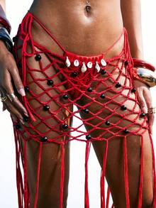 LYSMO 女士度假串珠镂空流苏下摆罩裙 - 紅色 - 查看 10