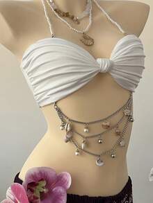 SuriyaCove Women's Vacation Beach Twist Beaded Chain Decor Backless Cropped Halter Top - White - View 7