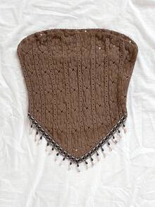 Soleia 女士度假针织抹胸上衣，印花拼接，饰以串珠链，适合派对、圣诞节、约会、夜店、海滩、邮轮、下午茶、波西米亚风、度假、秋季等场合。 - 棕色 - 查看 6