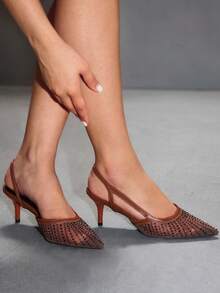CUCCOO SZL Women's Shoes, Fashionable Light Gold Mesh Rhinestone Stiletto Pointed High Heels With Back Strap Disco Party Night Out Spring Shoes Spring Break Easter Prom Heels For Christmas Spring Shoes - dark coffee - View 5