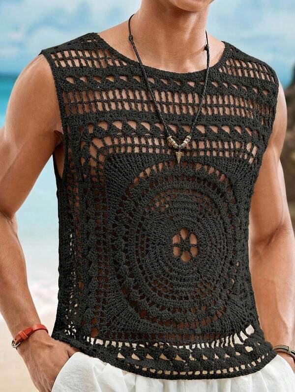 HIMLAND Men's Hollow Out Round Neck Sleeveless Knit Top, Vacation Wear ,Retro Crochet Knit Tank ,Men's Black Crochet Knit Sleeveless Shirt ,Summer Beach Boho Hippie Festival Tank ,70s Retro Vintage Hollow Out Vest ,Sexy Sheer Geometric Pattern Top Men ,Casual Vacation Streetwear Crochet Shirt ,Coachella Outfit Ideas For Guys ,Breathable Open Knit Muscle Tank ,Men's Crochet Knit Tank Top ,Hollow Out Sleeveless Beach Vest ,Sexy Sheer Boho Festival Summer Shirt ,Beach Vacation Shirt ,Men's Crochet Tank Top ,Hollow Out Knitwear ,Boho Style Men's Top