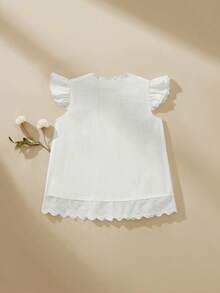 SHEIN 韩版简约百搭褶皱荷叶边短袖衬衫，适合年轻女孩日常穿着，夏季时尚单品 - 白色 - 查看 4