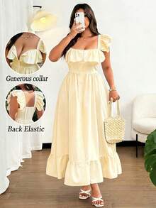 Lyrianda Yellow,Summer,Curve,Party,Holiday Modest Plus Size Women Elegant Striped Woven Dress,Double Ruffle Sleeve,Full Button Decor,Ruffle Hem Midi Dress - Multicolor - View 8