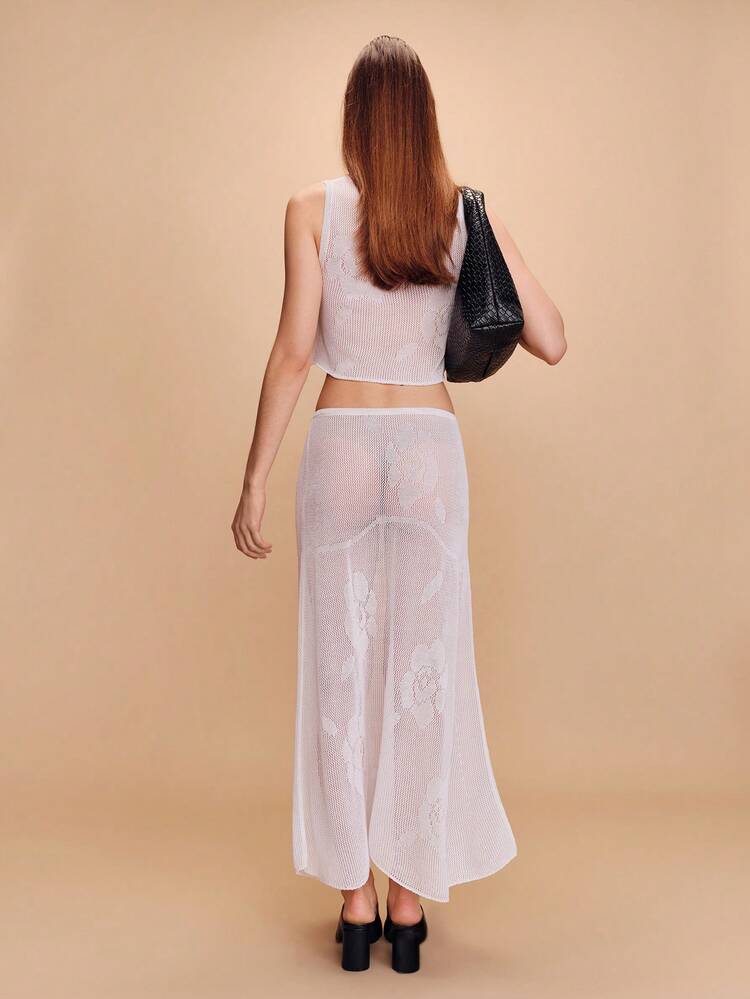White Open-Knit Set With Floral Pattern Tank Top And Flared Low-Waist Skirt See Through Beach Outfit Vacation Outfit Resort Outfit For Spring Summer French Style Parisian Style