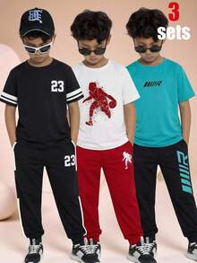 SHEIN 6 pièces Achetez-en 3 obtenez-en 3 gratuitement Ensemble de survêtement pour garçons préadolescents, style mode sport minimaliste, t-shirt à col rond ample à manches courtes et pantalon. Convient pour le printemps, l'été, l'automne, les sorties, la Saint-Valentin, les rendez-vous, les voyages, les vacances, les rassemblements familiaux, la rentrée scolaire, les mariages, les galas, les sports - Multicolore - Voir 3