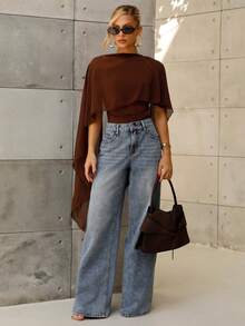 BiaLiraa 女士不对称肩部褶皱领系带衬衫，优雅针织上衣，秋冬款 - 棕色 - 查看 4