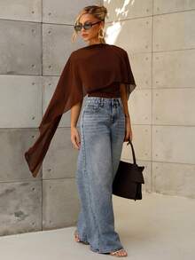 BiaLiraa 女士不对称肩部褶皱领系带衬衫，优雅针织上衣，秋冬款 - 棕色 - 查看 6